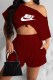 Burgundy Street Sportswear Print Letter Oblique Collar Short Sleeve Two Pieces
