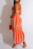 Orange Casual Print Patchwork Backless Spaghetti Strap One Step Skirt Dresses