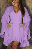 Light Purple Casual Solid Patchwork V Neck Long Sleeve Dresses