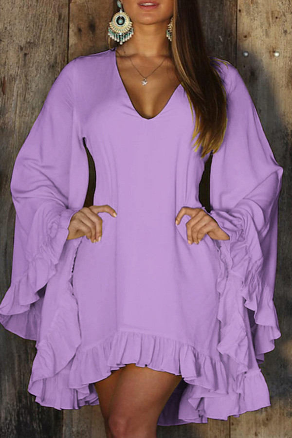 Light Purple Casual Solid Patchwork V Neck Long Sleeve Dresses