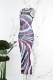 Purple Casual Print Basic O Neck Long Dress Dresses