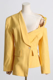Yellow Elegant Solid Bandage Buttons Oblique Collar Outerwear
