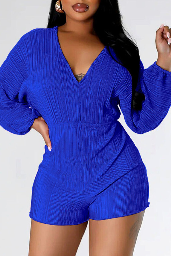 Blue Sexy Solid Bandage Backless V Neck Regular Rompers