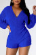Blue Sexy Solid Bandage Backless V Neck Regular Rompers