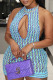 Blue Street Print Hollowed Out Patchwork Backless Halter One Step Skirt Dresses