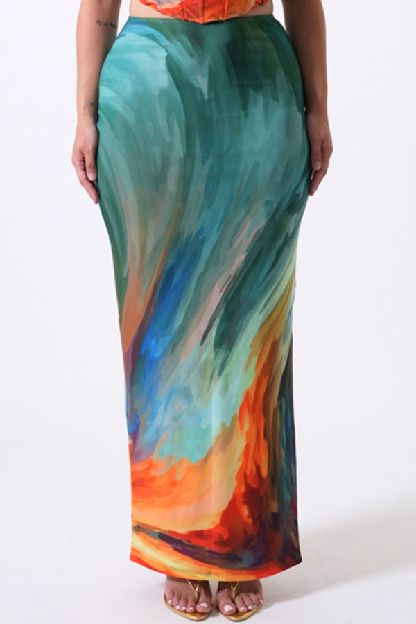 Blue Orange Street Print Patchwork Regular High Waist Pencil Full Print Bottoms