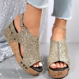 Black Casual Hollowed Out Sequins Patchwork Fish Mouth Out Door Wedges Shoes