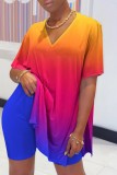 Colour Casual Gradual Change Print Slit V Neck Short Sleeve Two Pieces