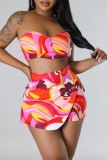 Red Elegant Print Pocket Backless Slit Strapless Sleeveless Two Pieces