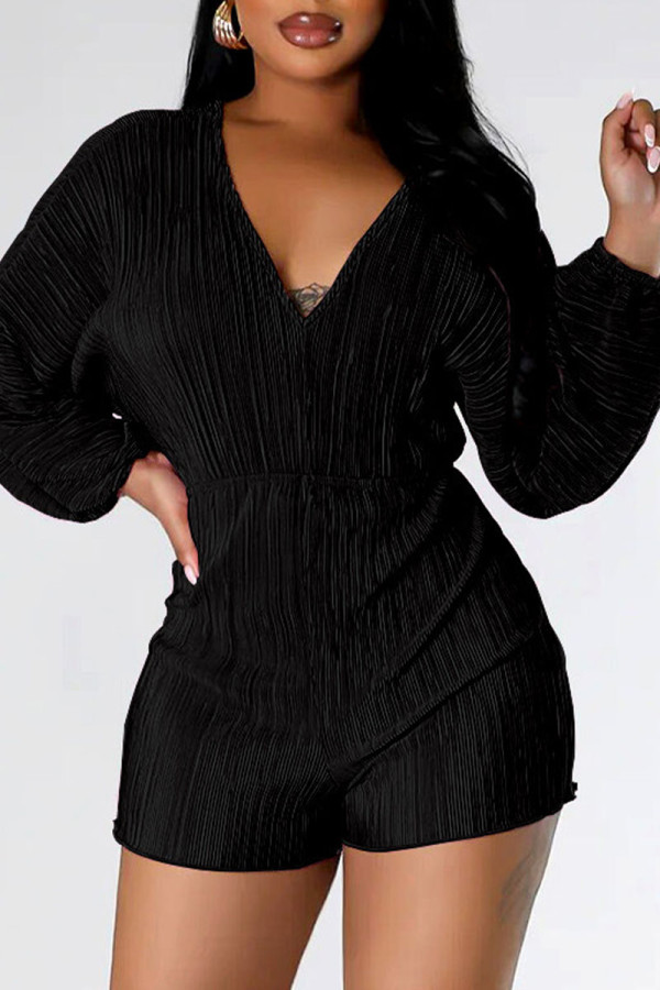 Black Sexy Solid Bandage Backless V Neck Regular Rompers