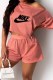 Pink Street Sportswear Print Letter Oblique Collar Short Sleeve Two Pieces