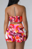 Red Elegant Print Pocket Backless Slit Strapless Sleeveless Two Pieces