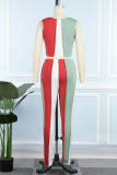 Multicolor Casual Patchwork Contrast O Neck Sleeveless Two Pieces