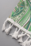 Green Casual Print Tassel Patchwork Regular High Waist Conventional Patchwork Shorts