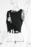 Black Sexy Casual Solid Hollowed Out Frenulum O Neck Tops