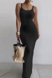 Black Sexy Casual Solid Backless Spaghetti Strap Long Dress Dresses