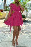 Rose Red Sexy Casual Solid Frenulum Backless V Neck Sleeveless Dress Dresses