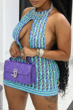 Blue Street Print Hollowed Out Patchwork Backless Halter One Step Skirt Dresses