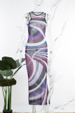 Purple Casual Print Basic O Neck Long Dress Dresses