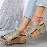Gold Casual Hollowed Out Sequins Patchwork Fish Mouth Out Door Wedges Shoes
