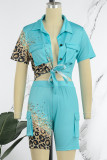 Turquoise Street Print Patchwork Turndown Collar Short Sleeve Two Pieces