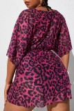 Fuchsia Sexy Print Leopard Basic V Neck Plus Size Swimsuit Blouse