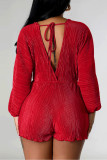 Red Sexy Solid Bandage Backless V Neck Regular Rompers