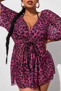 Fuchsia Sexy Print Leopard Basic V Neck Plus Size Swimsuit Blouse