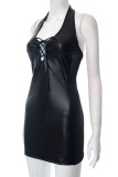 Black Sexy Solid Patchwork Backless Halter Sleeveless Dress Dresses