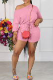 Pink Casual Solid Basic Oblique Collar Two Pieces