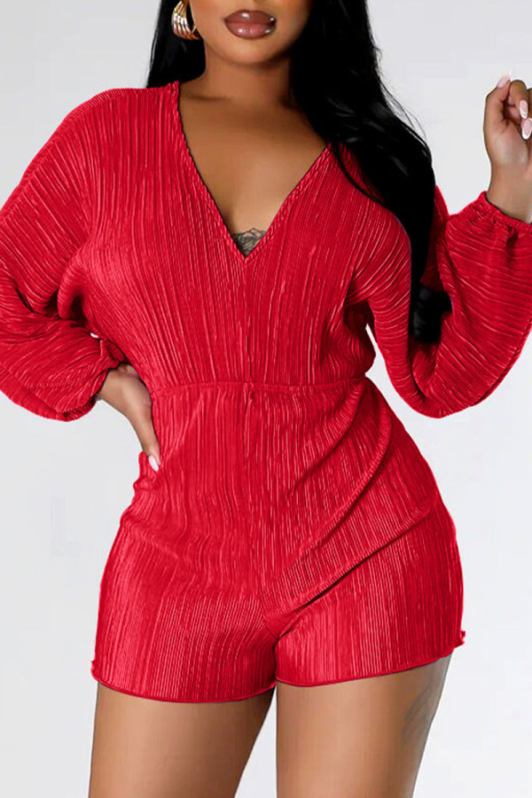 Red Sexy Solid Bandage Backless V Neck Regular Rompers