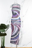 Purple Casual Print Basic O Neck Long Dress Dresses