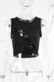 Black Sexy Casual Solid Hollowed Out Frenulum O Neck Tops