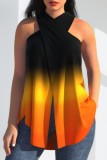 Yellow Casual Print Backless Slit Halter Tops