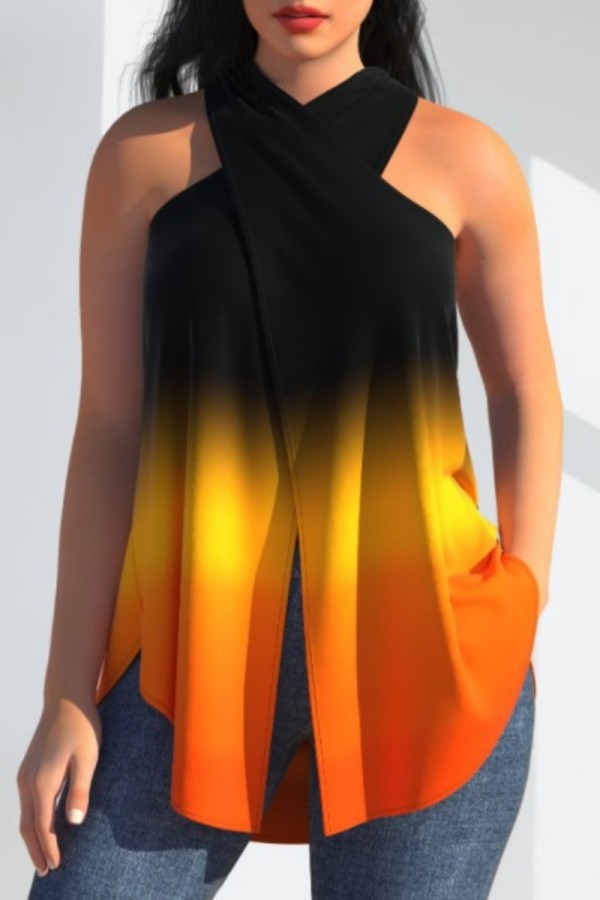 Yellow Black Casual Print Backless Slit Halter Tops