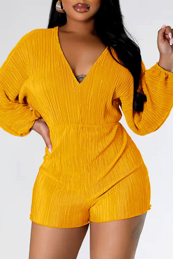 Yellow Sexy Solid Bandage Backless V Neck Regular Rompers