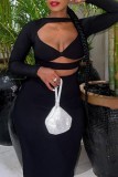 Black Sexy Casual Solid Hollowed Out O Neck Long Sleeve Dresses