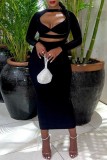 Black Sexy Casual Solid Hollowed Out O Neck Long Sleeve Dresses