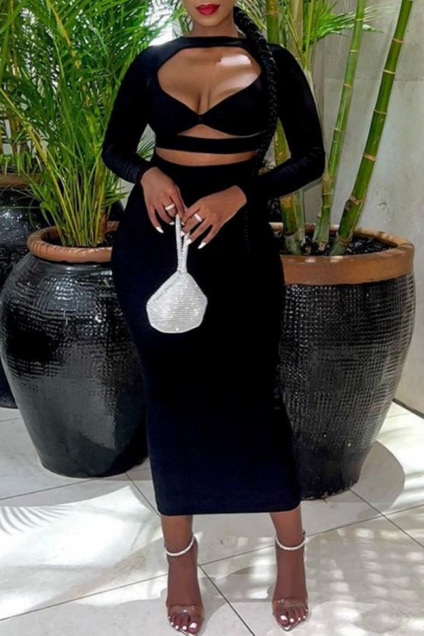 Black Sexy Casual Solid Hollowed Out O Neck Long Sleeve Dresses