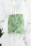 Green Casual Print Tassel Patchwork Regular High Waist Conventional Patchwork Shorts