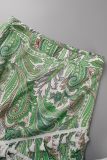Green Casual Print Tassel Patchwork Regular High Waist Conventional Patchwork Shorts