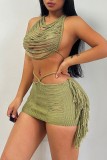 Blue Sexy Solid Tassel Patchwork Frenulum Skinny Mid Waist Conventional Solid Color Skirt (Only Skirt)