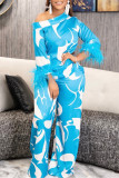 Green Elegant Print Patchwork Feathers Oblique Collar Nine Points Sleeve Two Pieces
