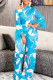 Sky Blue Elegant Print Patchwork Feathers Oblique Collar Nine Points Sleeve Two Pieces