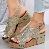 Black Casual Hollowed Out Sequins Patchwork Fish Mouth Out Door Wedges Shoes