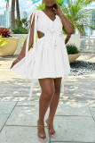 Rose Red Sexy Casual Solid Frenulum Backless V Neck Sleeveless Dress Dresses
