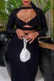 Black Sexy Casual Solid Hollowed Out O Neck Long Sleeve Dresses