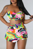Red Elegant Print Pocket Backless Slit Strapless Sleeveless Two Pieces