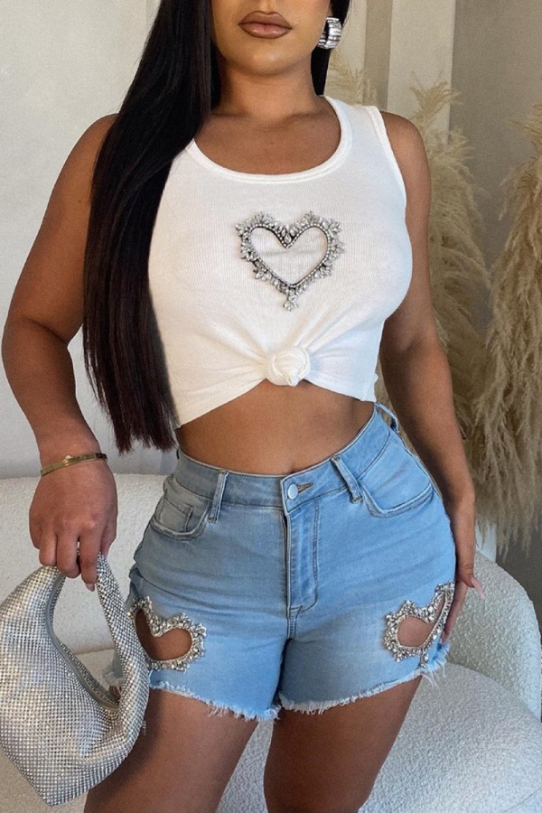 White Casual Solid Patchwork Rhinestone O Neck Tops