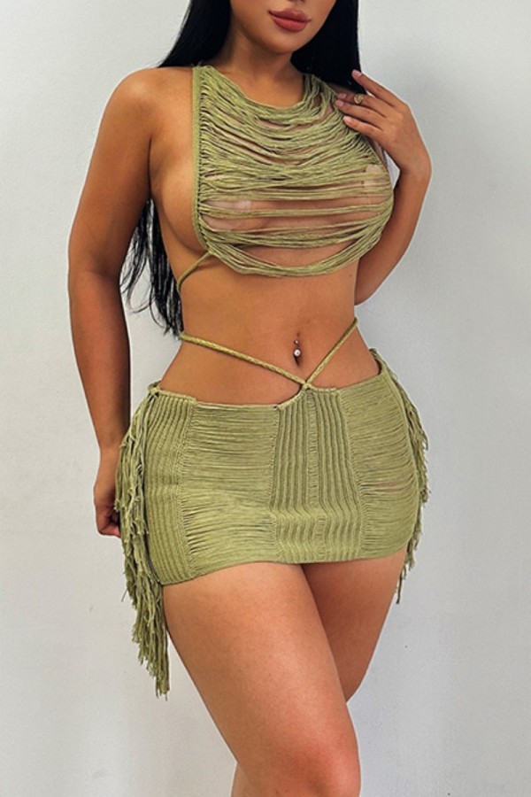 Green Sexy Solid Tassel Patchwork Frenulum Skinny Mid Waist Conventional Solid Color Skirt (Only Skirt)